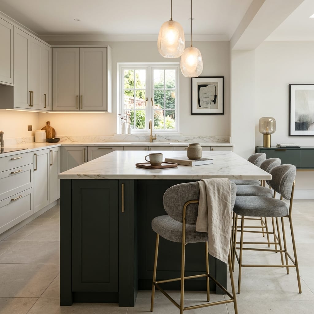 Bespoke kitchen island detail, modern shaker cabinetry with quality joinery