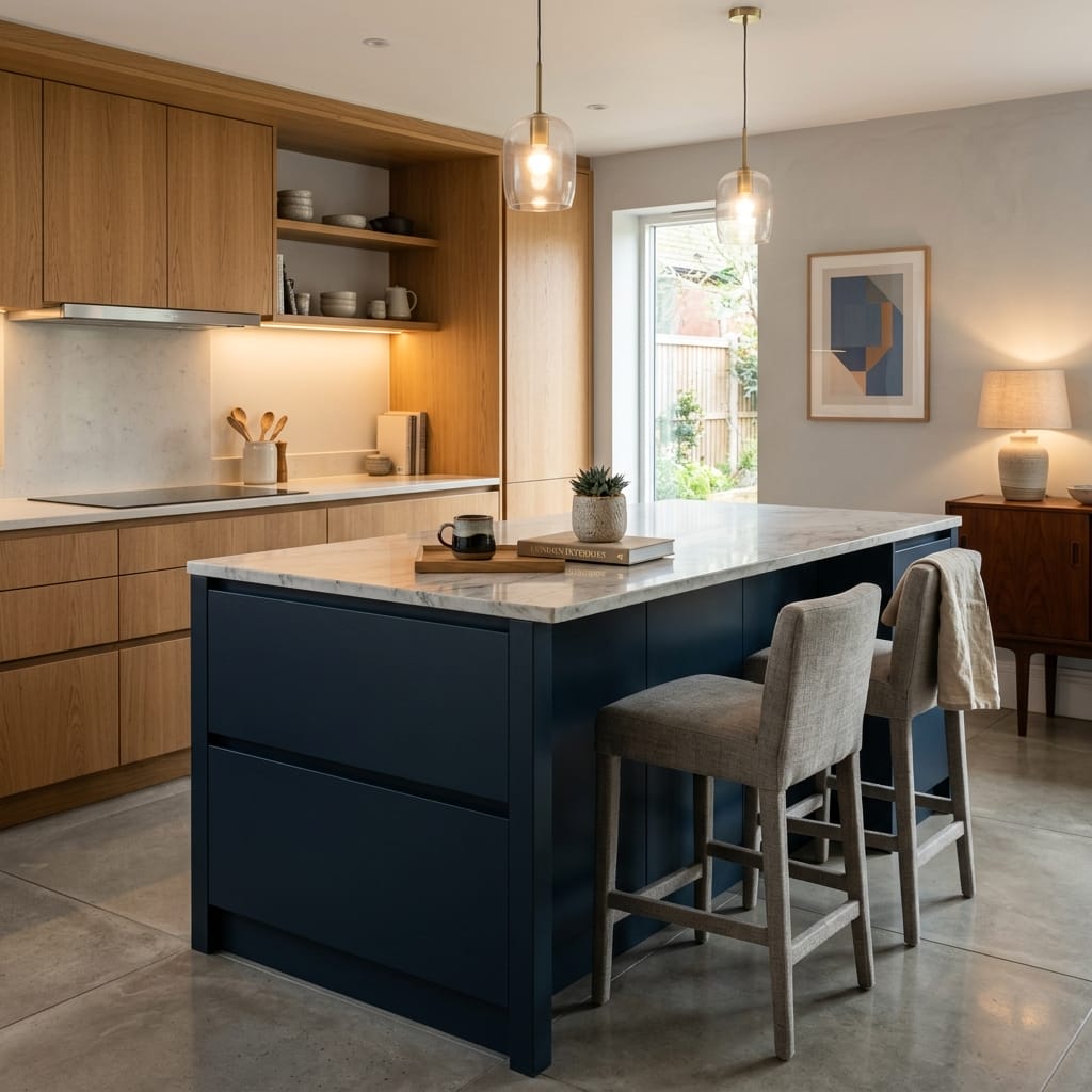 Bespoke kitchen island detail, modern shaker cabinetry with quality joinery