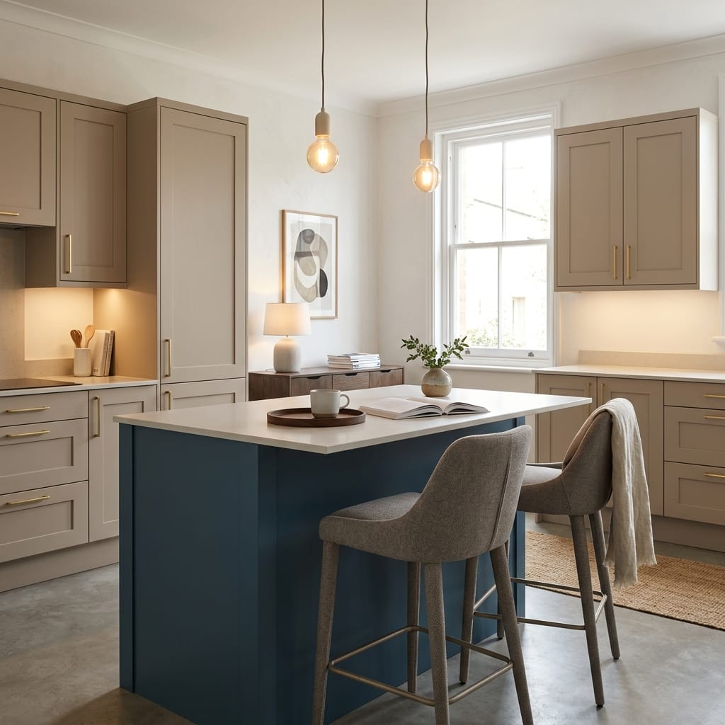 Bespoke kitchen island detail, contemporary painted lay-on cabinetry with quality joinery