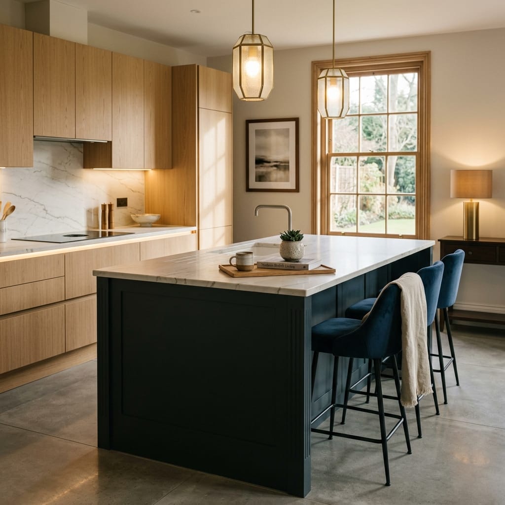 Bespoke kitchen island detail, matt painted handleless slab cabinetry with quality joinery