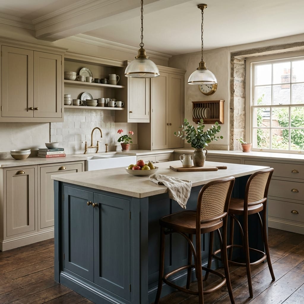 square1_800x800-34 Classic Mastercraft kitchen with blue island, beige cupboards, open shelves and pendant lights