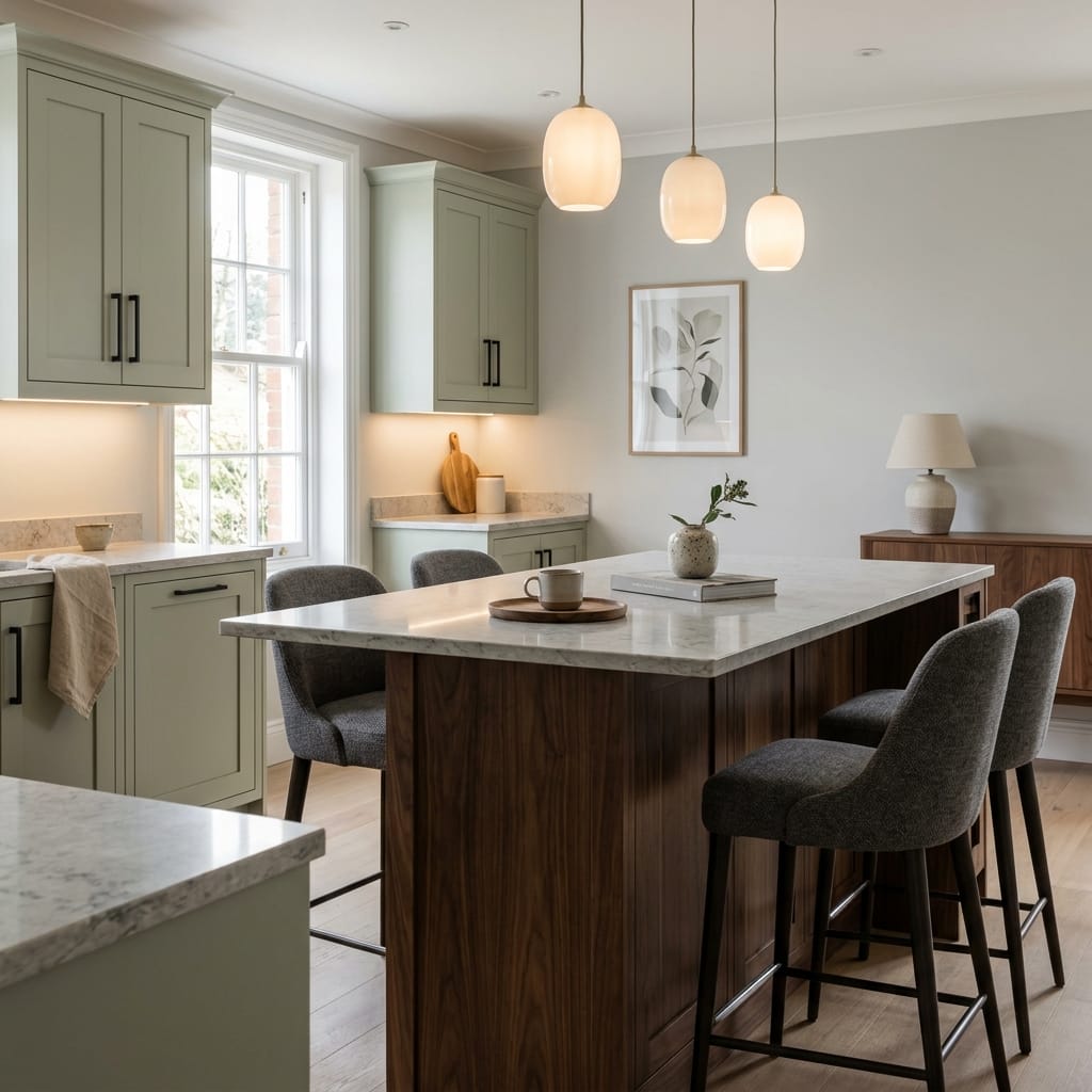 Bespoke kitchen island detail, timber veneer slab-door cabinetry with quality joinery