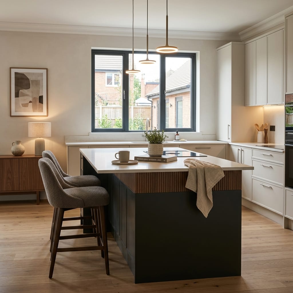 Bespoke kitchen island detail, contemporary painted lay-on cabinetry with quality joinery