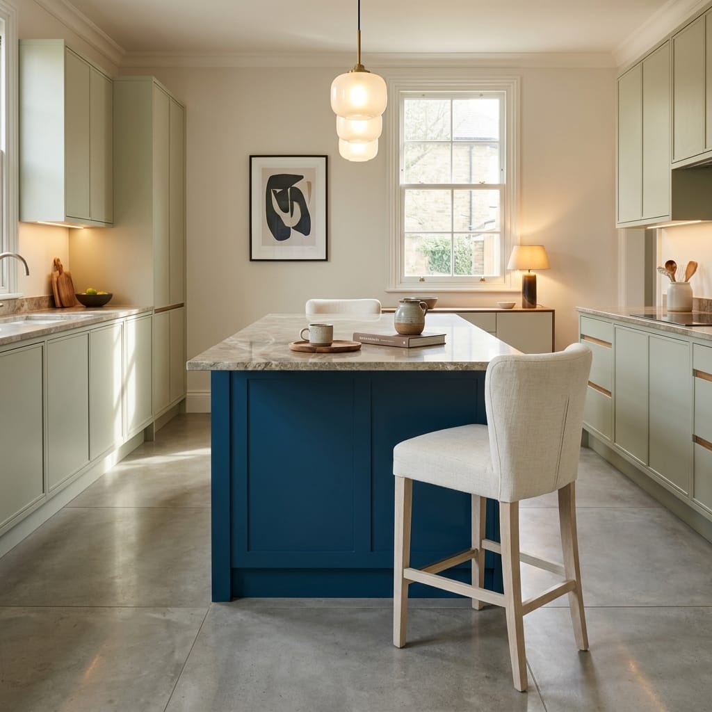 Bespoke kitchen island detail, matt painted handleless slab cabinetry with quality joinery
