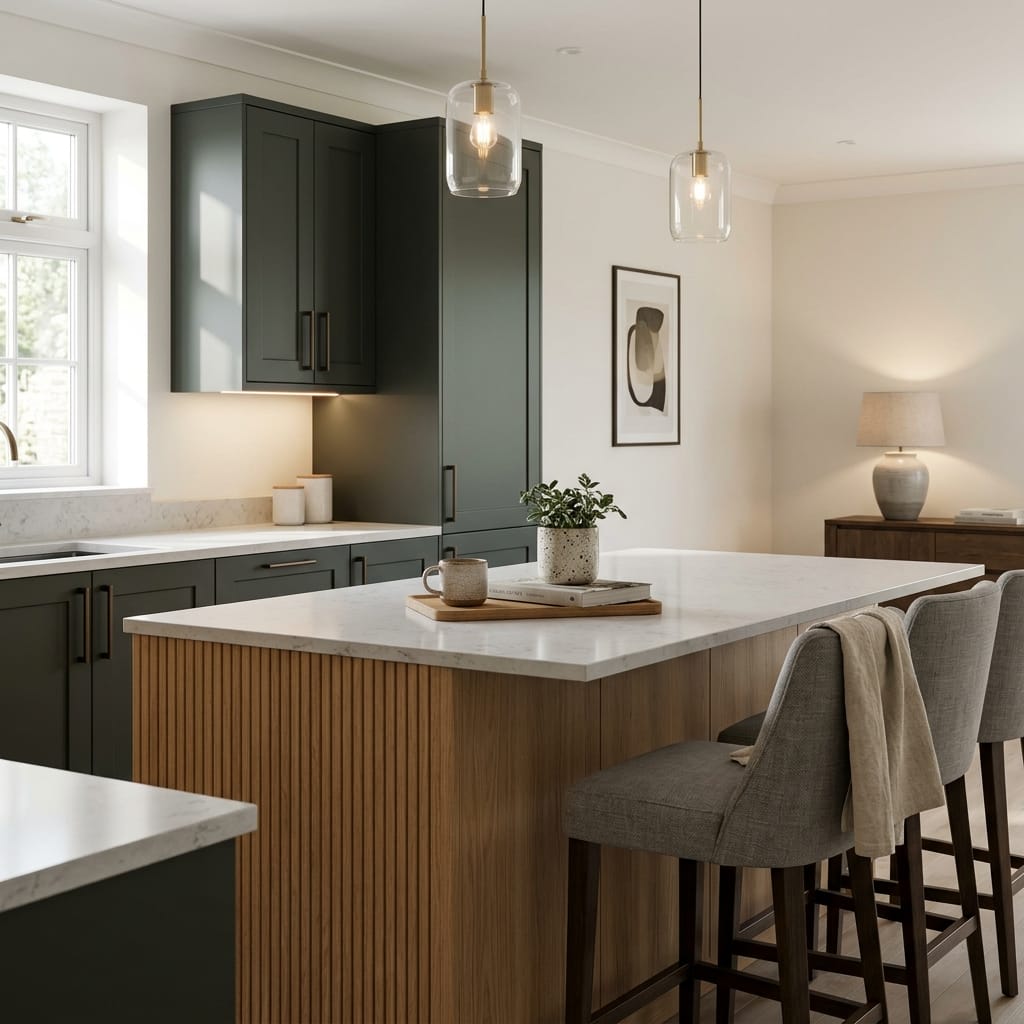 Bespoke kitchen island detail, modern shaker cabinetry with quality joinery