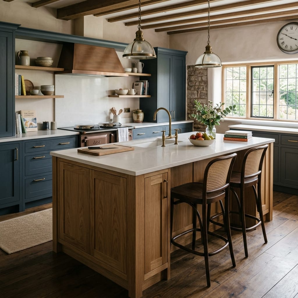 wooden island with white worktop and blue cupboards in rustic kitchen