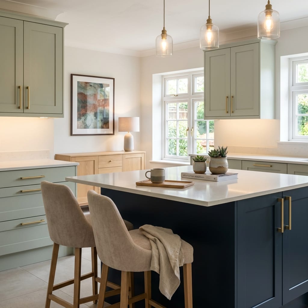 Bespoke kitchen island detail, contemporary painted lay-on cabinetry with quality joinery