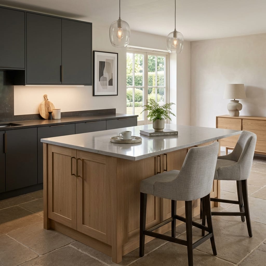 Bespoke kitchen island detail, contemporary painted lay-on cabinetry with quality joinery