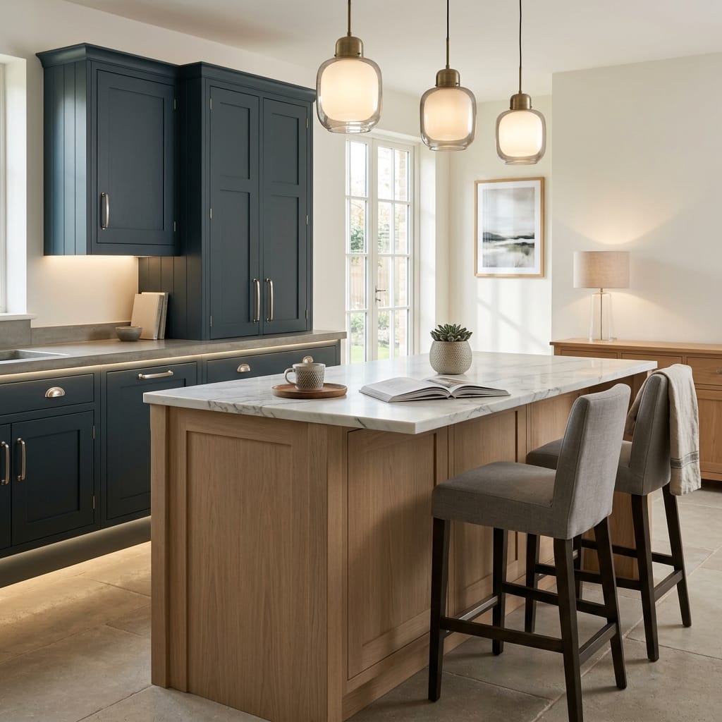 Bespoke kitchen island detail, contemporary painted lay-on cabinetry with quality joinery