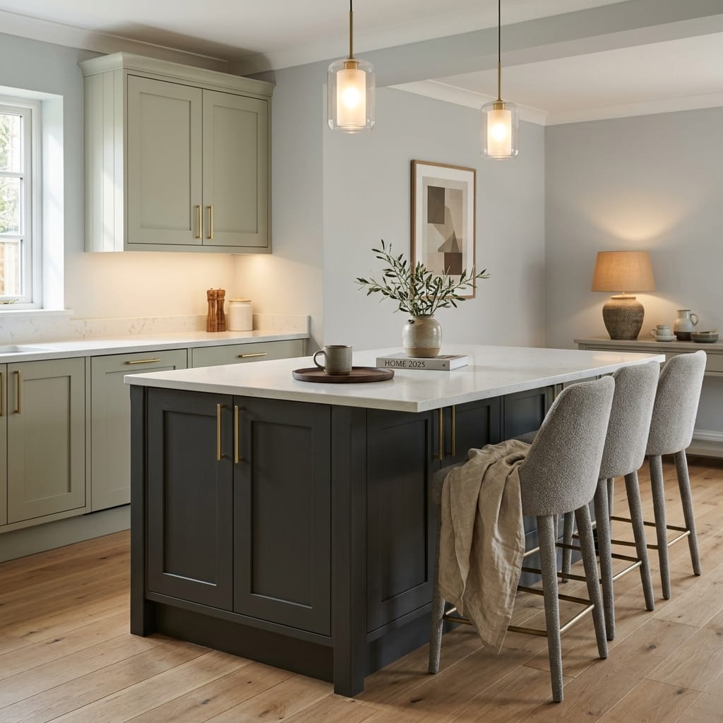 Bespoke kitchen island detail, matt painted handleless slab cabinetry with quality joinery
