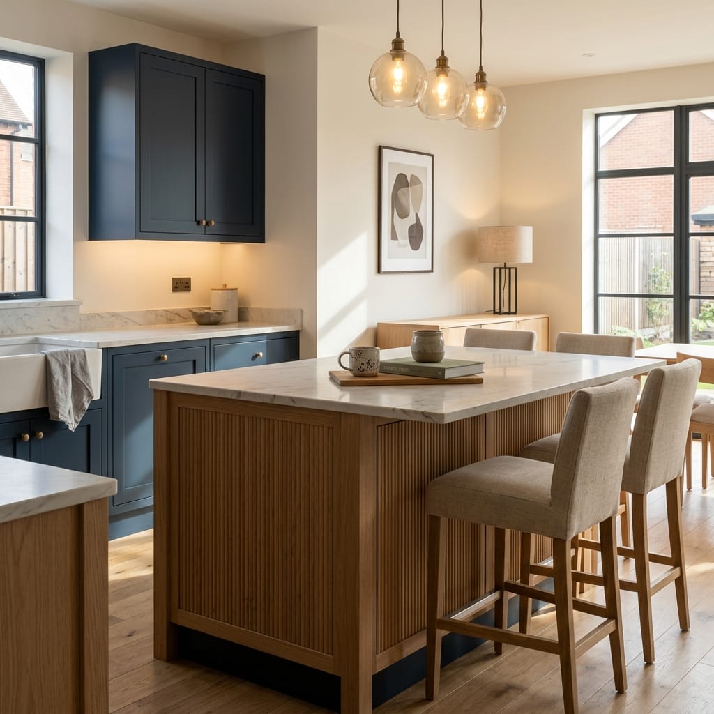 Bespoke kitchen island detail, timber veneer slab-door cabinetry with quality joinery