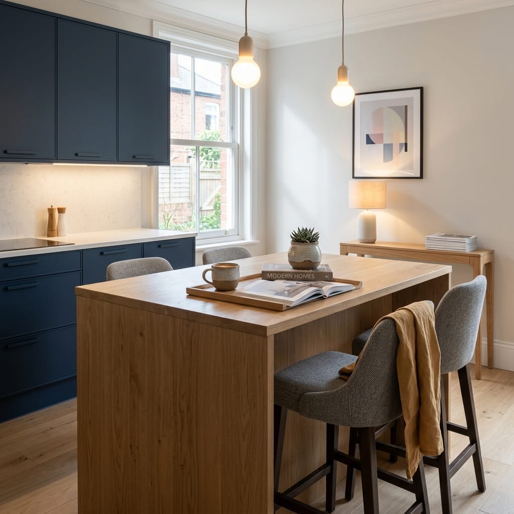 Bespoke kitchen island detail, modern shaker cabinetry with quality joinery