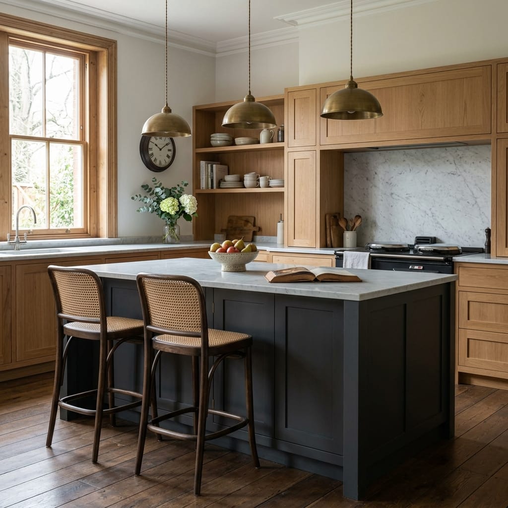 wooden kitchen with marble worktops and dark island, brass pendant lights above