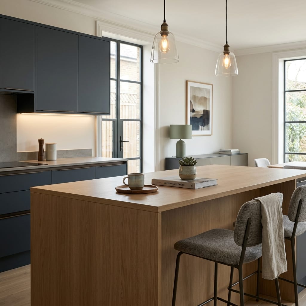 Bespoke kitchen island detail, timber veneer slab-door cabinetry with quality joinery