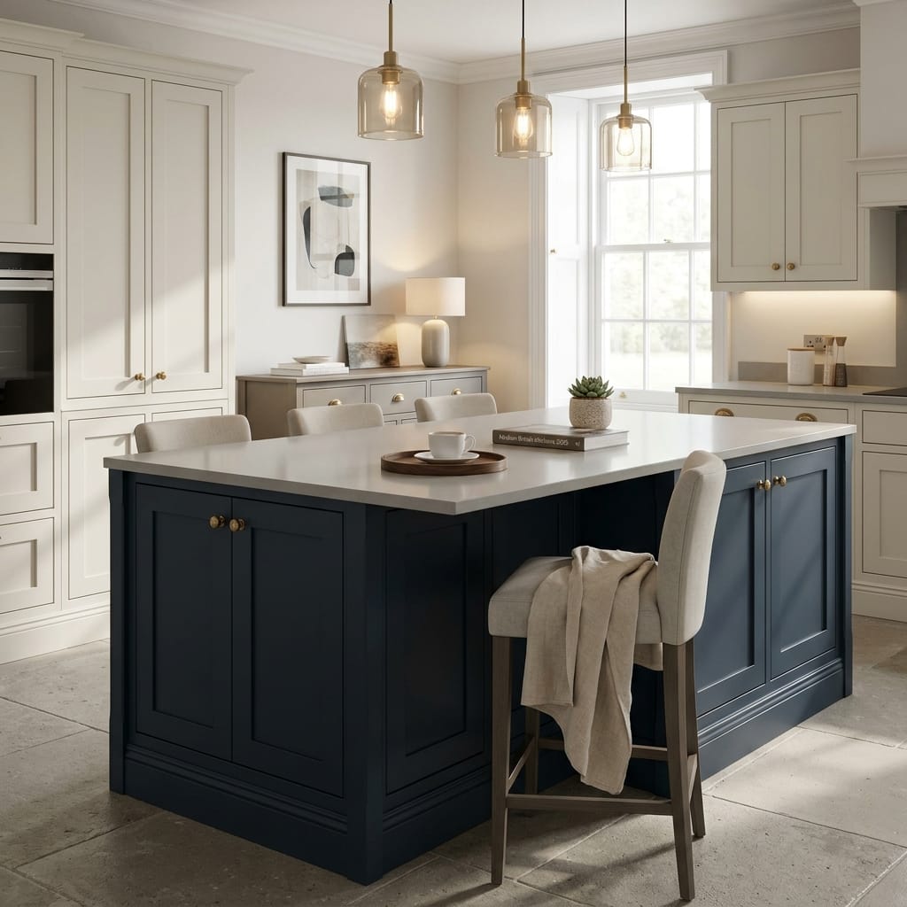 Bespoke kitchen island detail, matt painted handleless slab cabinetry with quality joinery