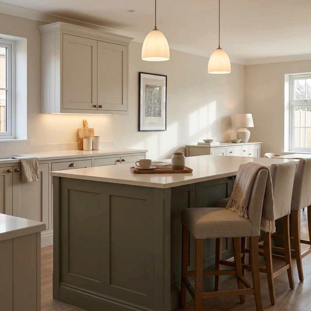 Bespoke kitchen island detail, contemporary painted lay-on cabinetry with quality joinery