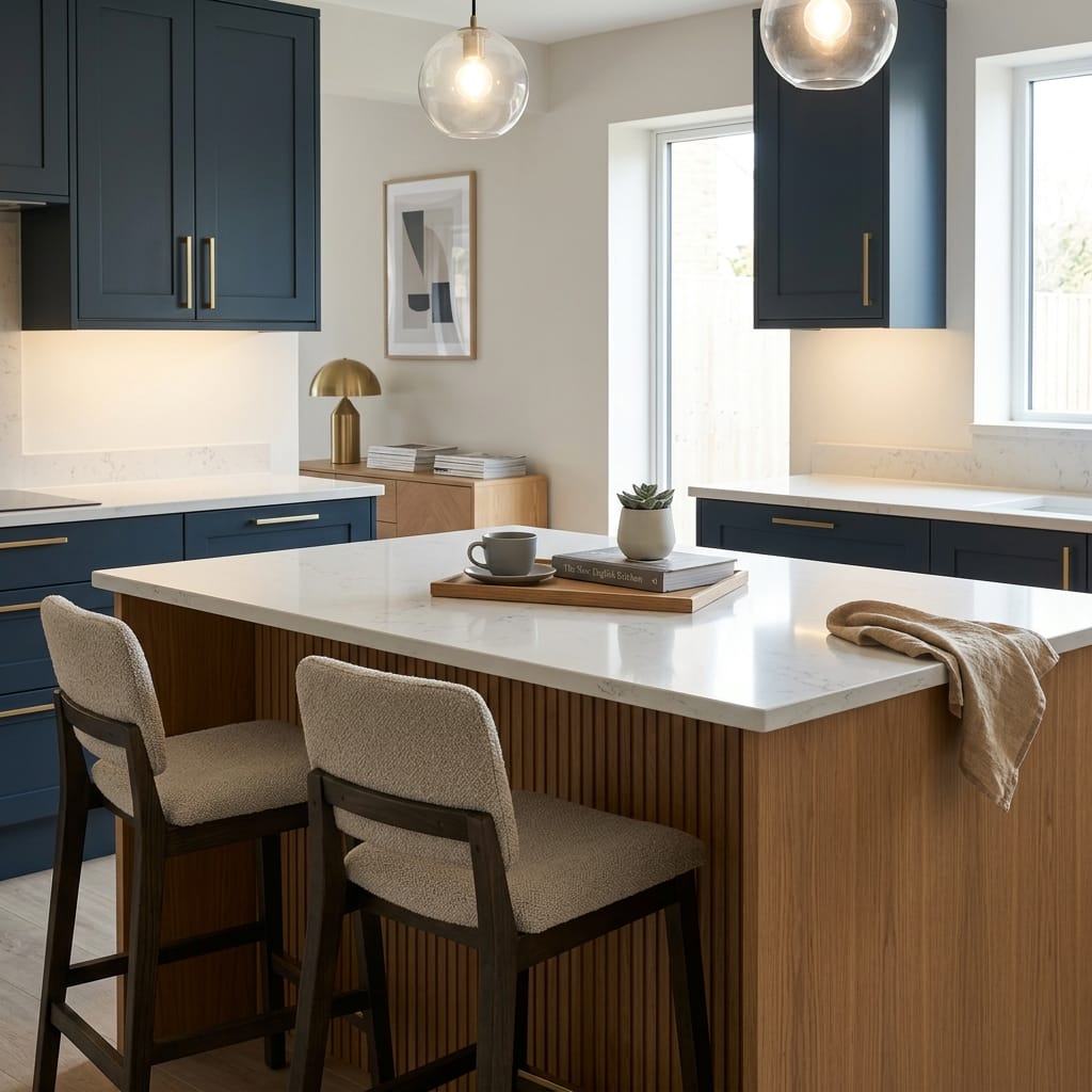 Bespoke kitchen island detail, contemporary painted lay-on cabinetry with quality joinery