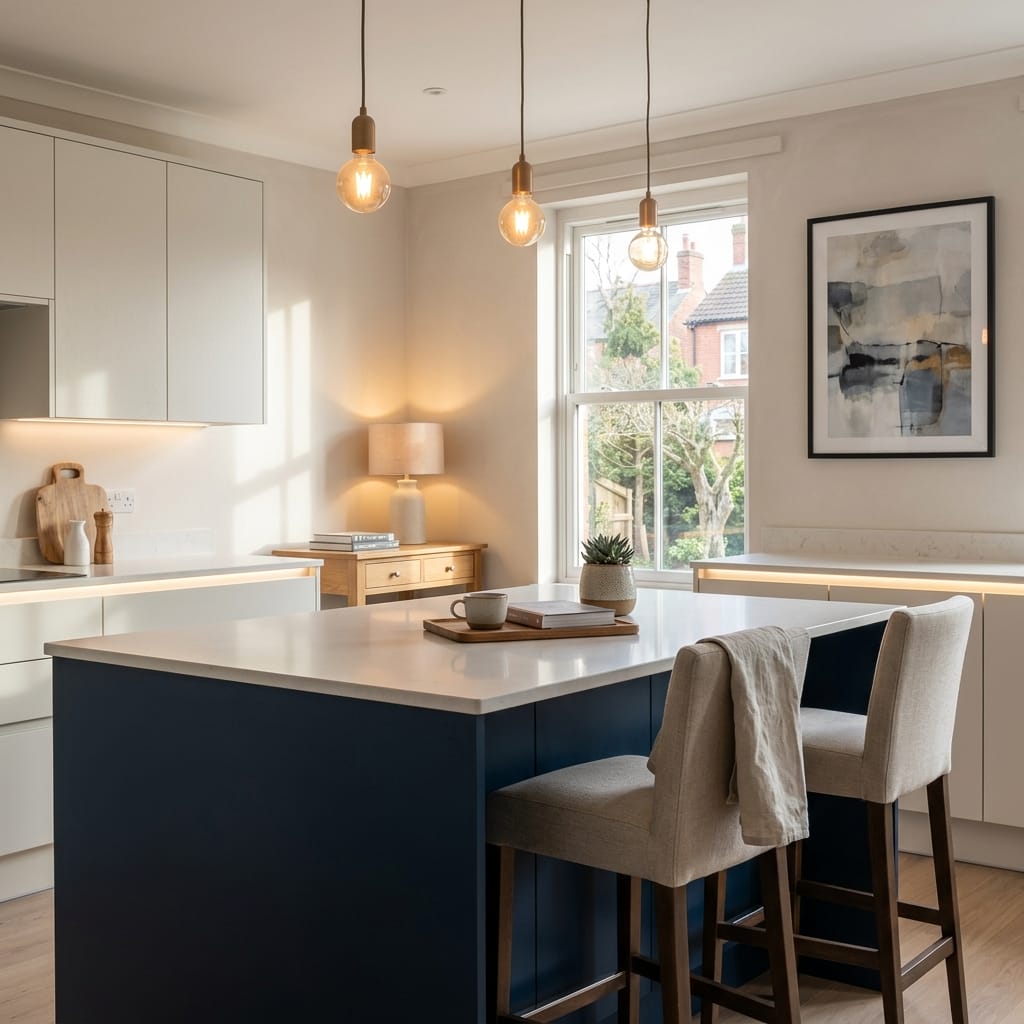 Bespoke kitchen island detail, contemporary painted lay-on cabinetry with quality joinery