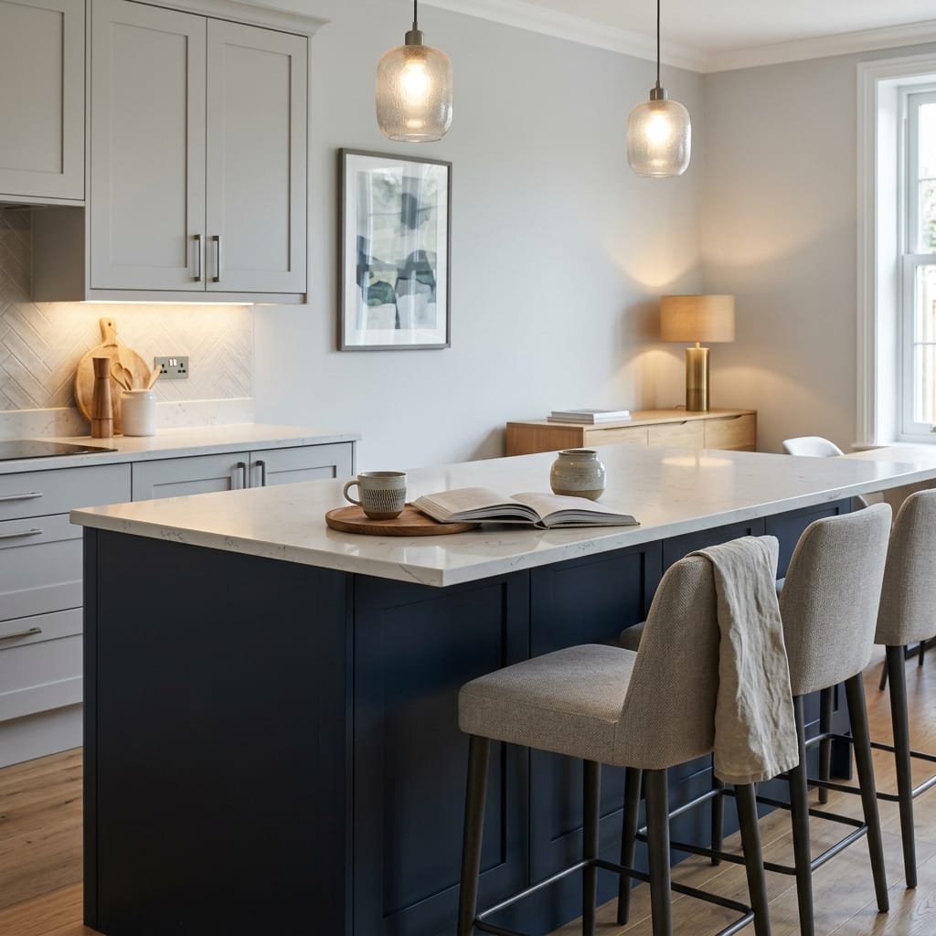 Bespoke kitchen island detail, matt painted handleless slab cabinetry with quality joinery