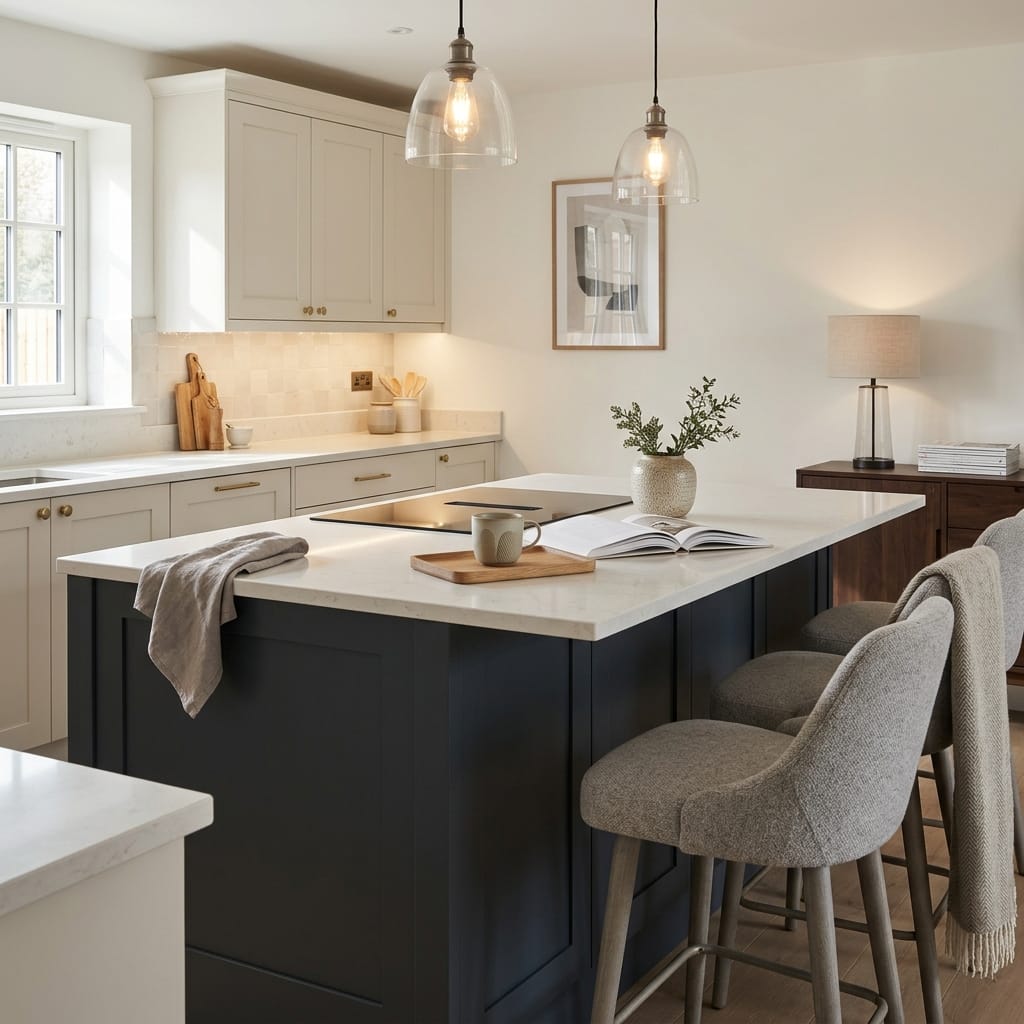 Bespoke kitchen island detail, contemporary painted lay-on cabinetry with quality joinery
