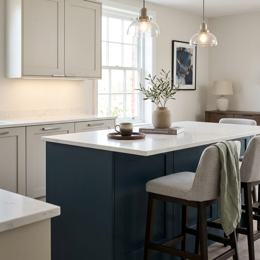 Bespoke kitchen island detail, matt painted handleless slab cabinetry with quality joinery