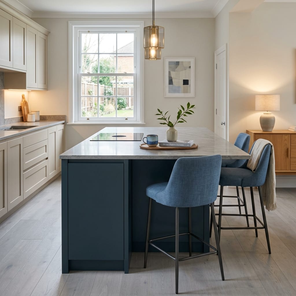Bespoke kitchen island detail, contemporary painted lay-on cabinetry with quality joinery