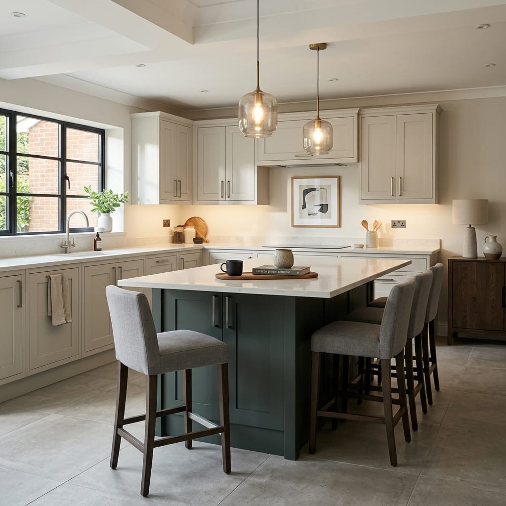 Bespoke kitchen island detail, modern shaker cabinetry with quality joinery