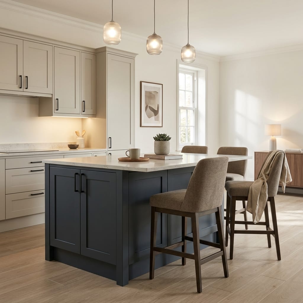 Bespoke kitchen island detail, matt painted handleless slab cabinetry with quality joinery