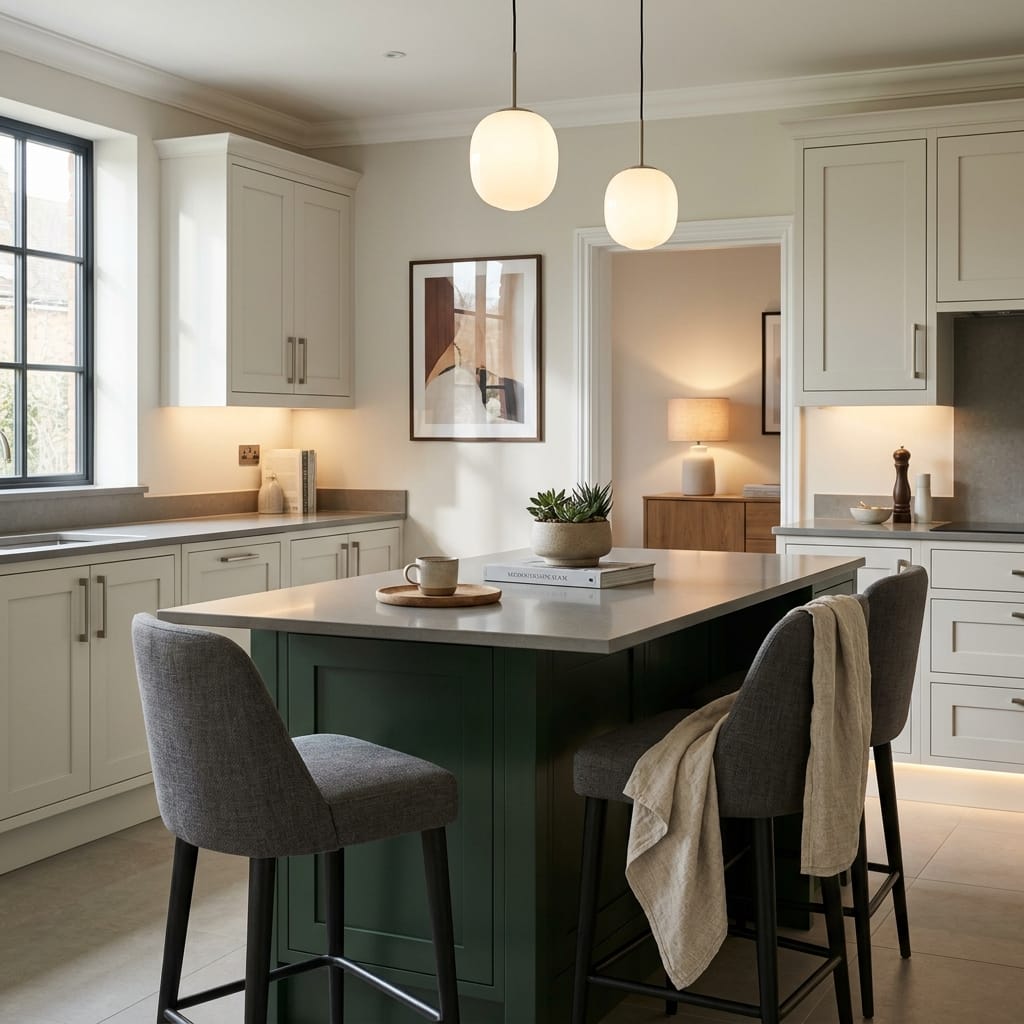 Bespoke kitchen island detail, contemporary painted lay-on cabinetry with quality joinery