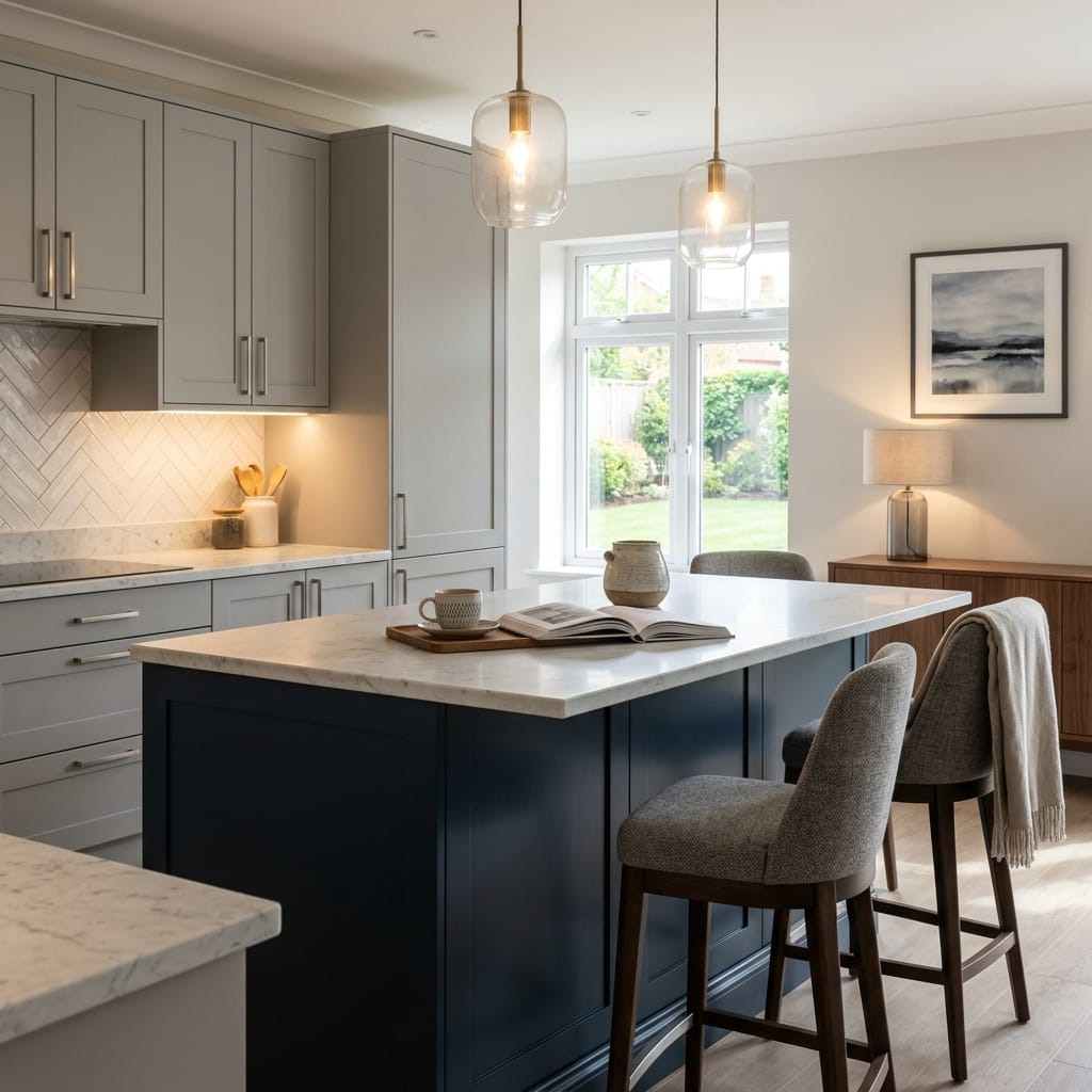 square1_800x800-381 Bespoke kitchen island detail, matt painted handleless slab cabinetry with quality joinery