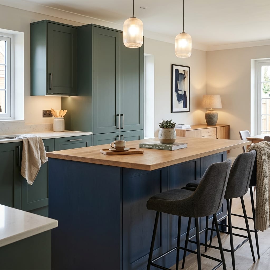 Bespoke kitchen island detail, matt painted handleless slab cabinetry with quality joinery