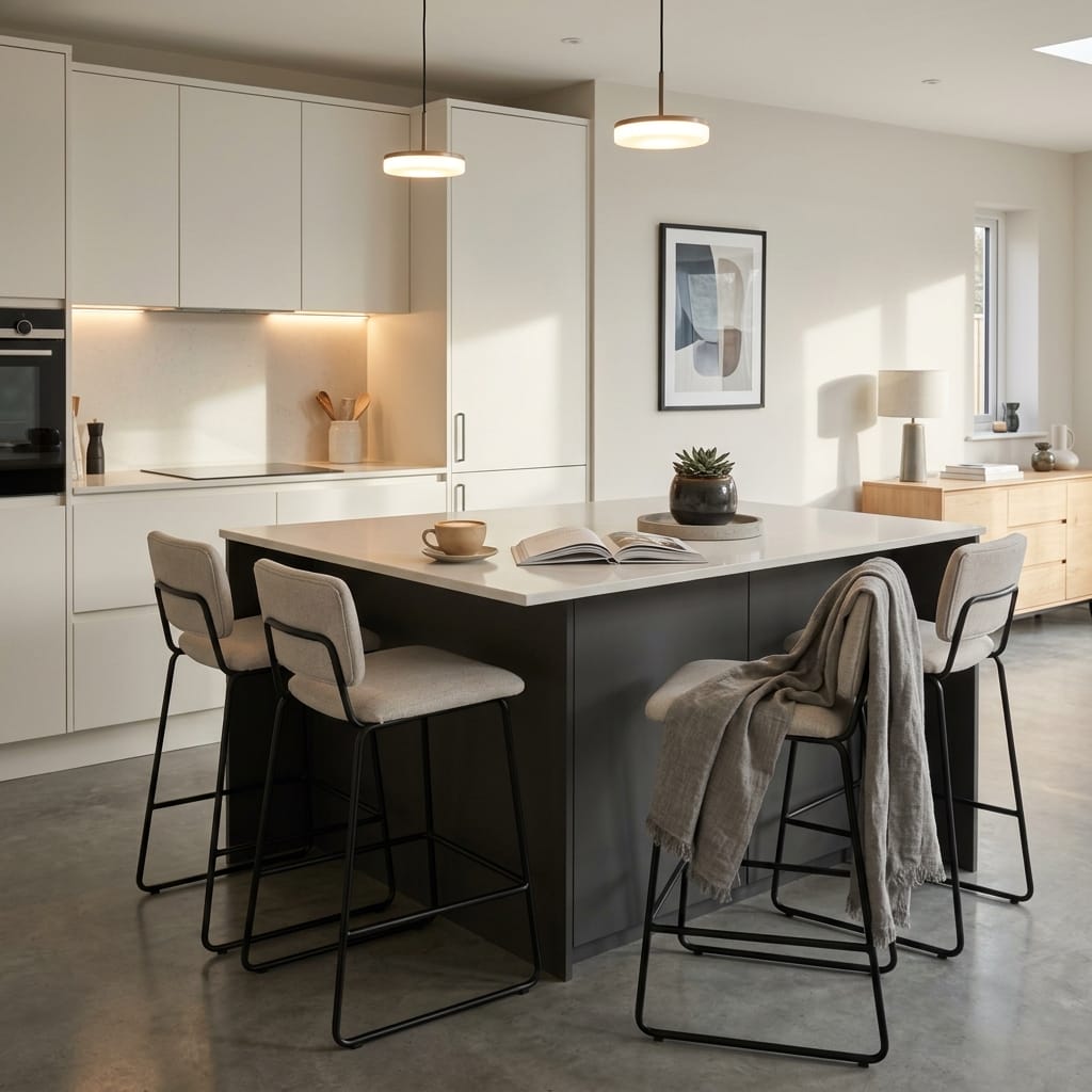 Bespoke kitchen island detail, matt painted handleless slab cabinetry with quality joinery