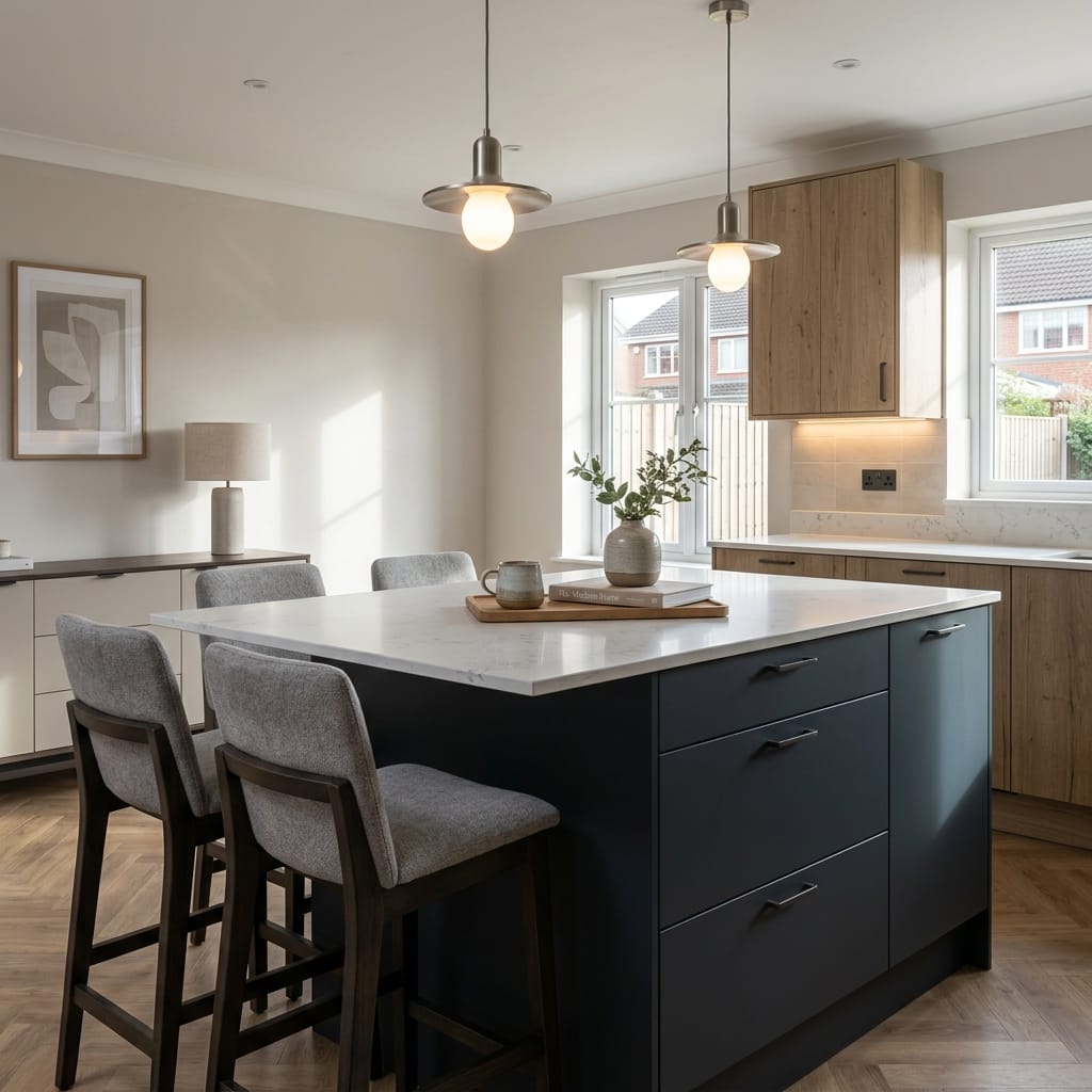 Bespoke kitchen island detail, timber veneer slab-door cabinetry with quality joinery