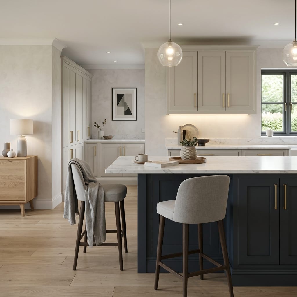 square1_800x800-387 Bespoke kitchen island detail, matt painted handleless slab cabinetry with quality joinery