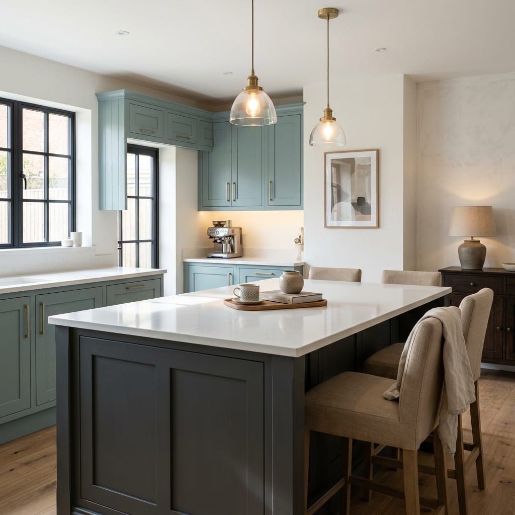 Bespoke kitchen island detail, timber veneer slab-door cabinetry with quality joinery