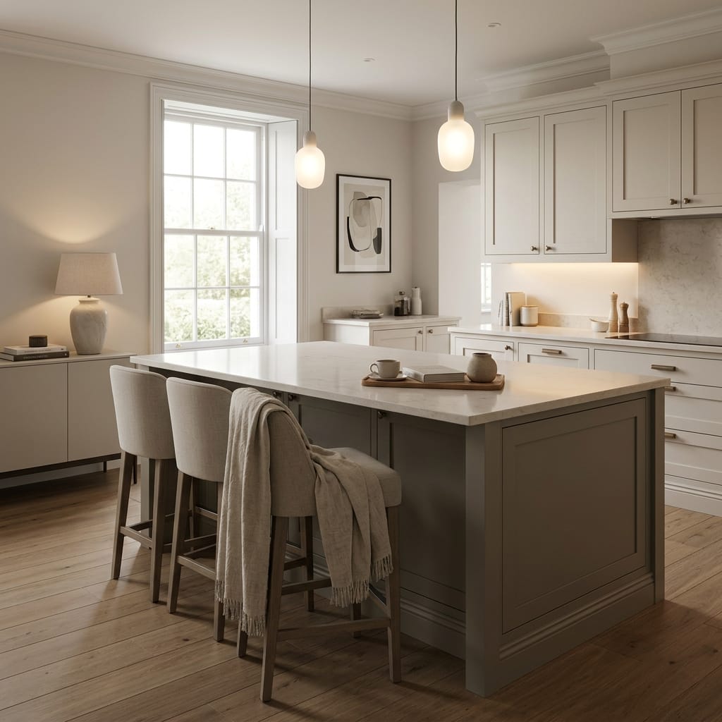 square1_800x800-389 Bespoke kitchen island detail, matt painted handleless slab cabinetry with quality joinery