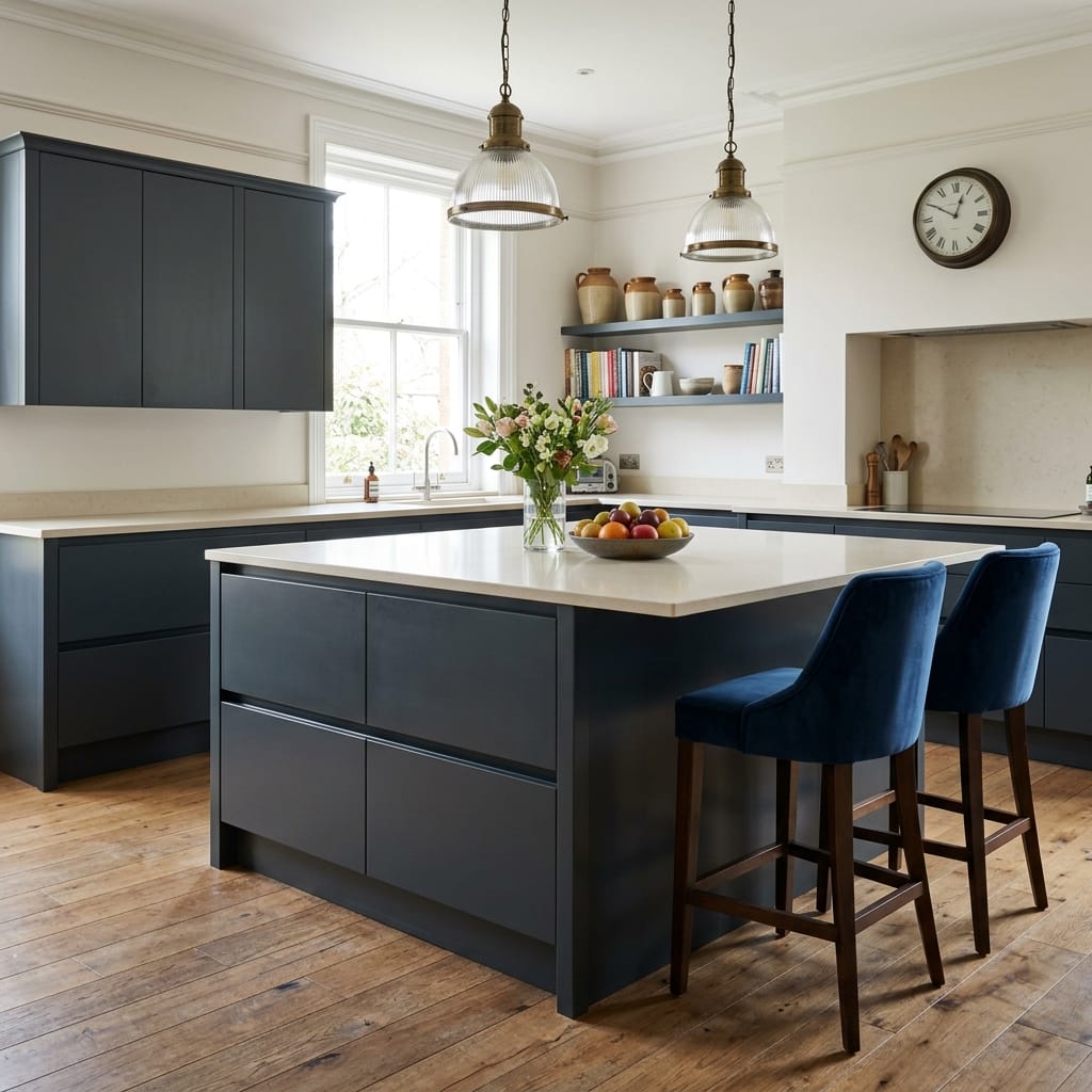 square1_800x800-39 Modern Mastercraft kitchen with navy units, white worktops and blue velvet bar stools