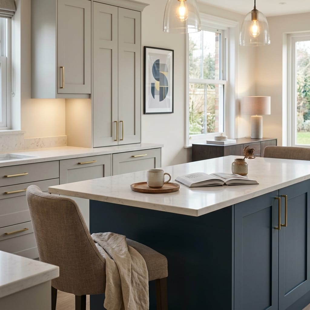 Bespoke kitchen island detail, contemporary painted lay-on cabinetry with quality joinery