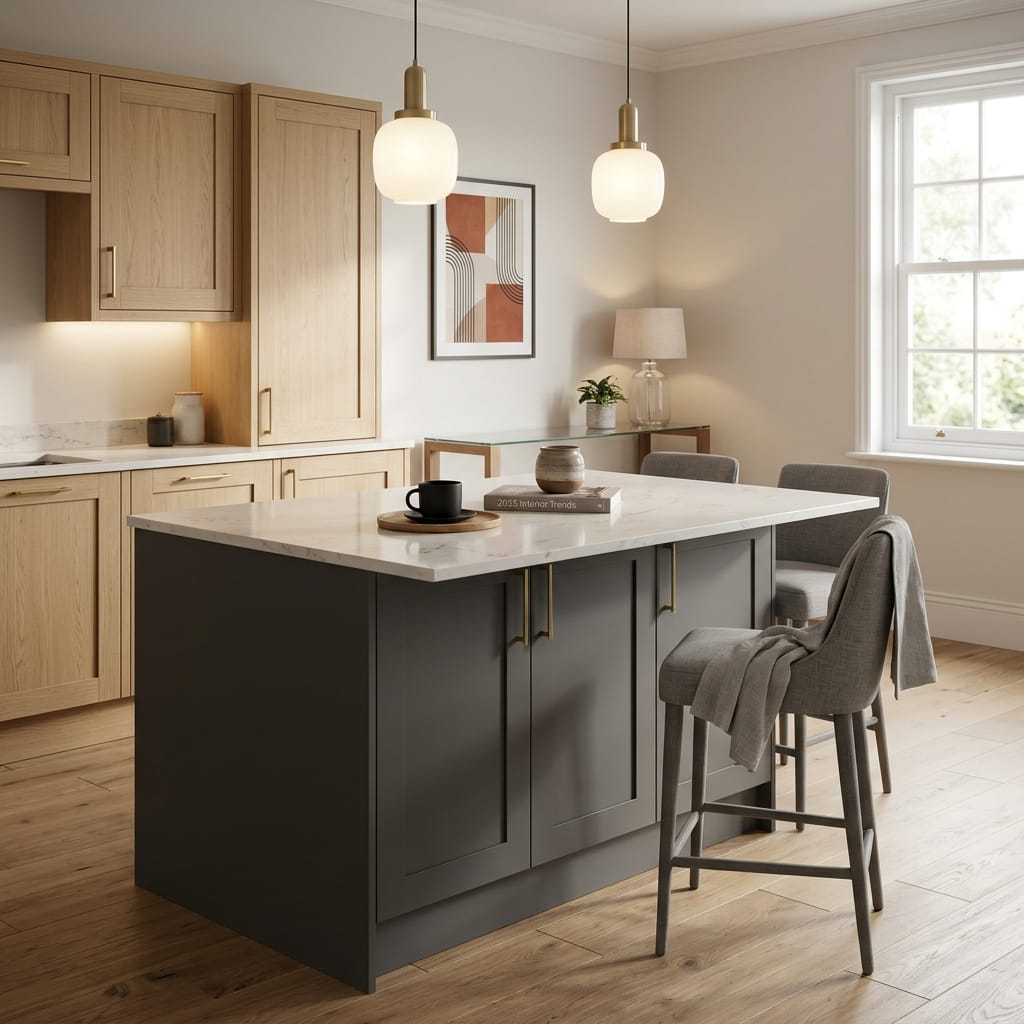 Bespoke kitchen island detail, modern shaker cabinetry with quality joinery