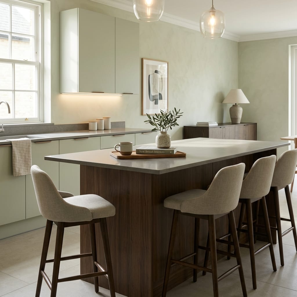 Bespoke kitchen island detail, matt painted handleless slab cabinetry with quality joinery