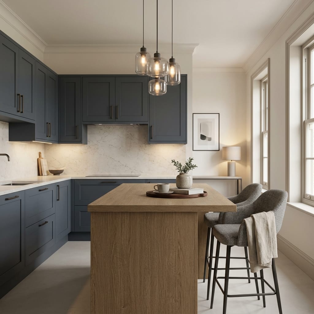 Bespoke kitchen island detail, modern shaker cabinetry with quality joinery