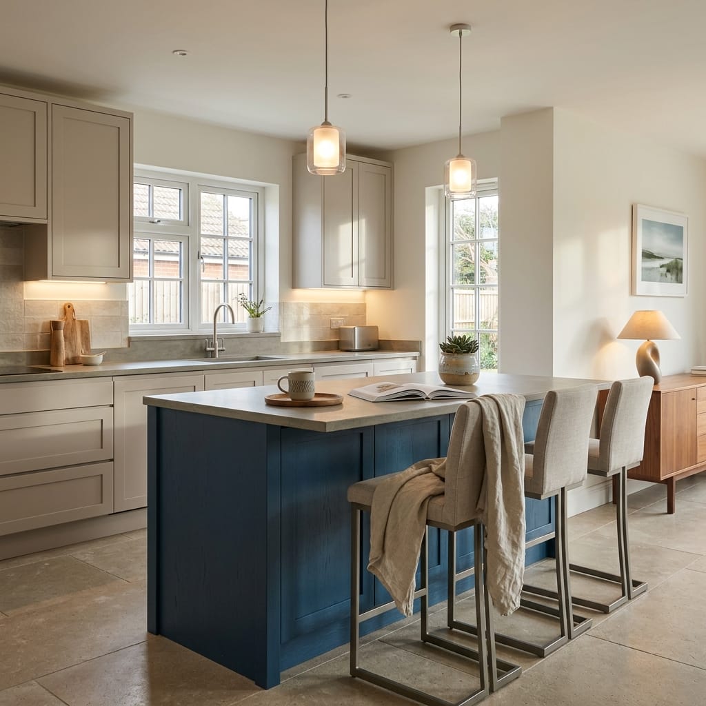 Bespoke kitchen island detail, timber veneer slab-door cabinetry with quality joinery