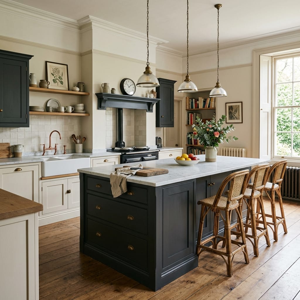 square1_800x800-40 classic kitchen with dark island, marble worktop, wooden stools and pendant lights