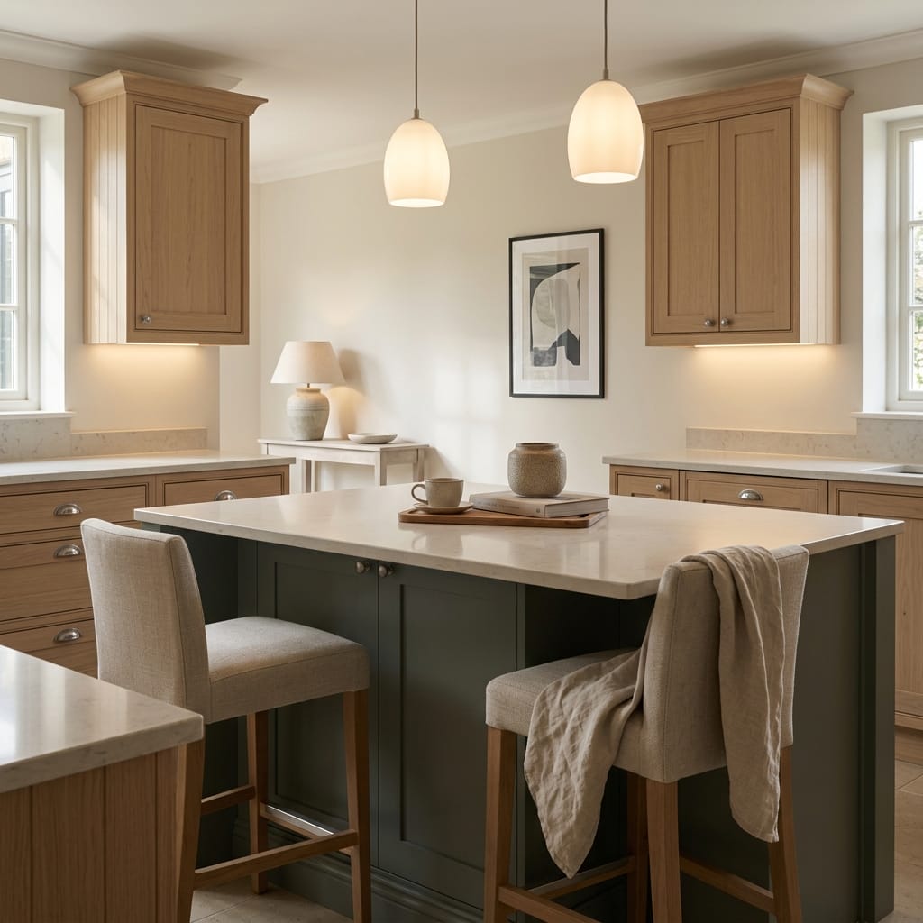 Bespoke kitchen island detail, timber veneer slab-door cabinetry with quality joinery