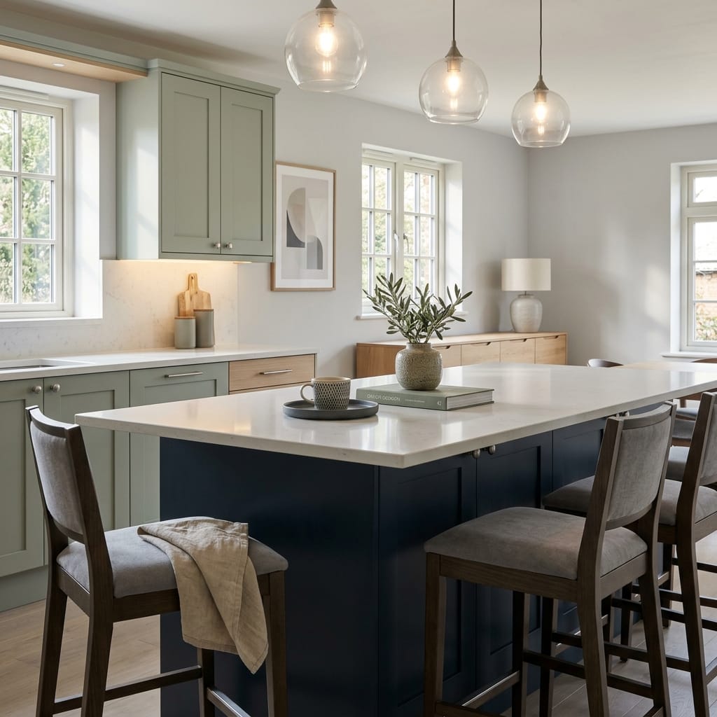 square1_800x800-401 Bespoke kitchen island detail, matt painted handleless slab cabinetry with quality joinery