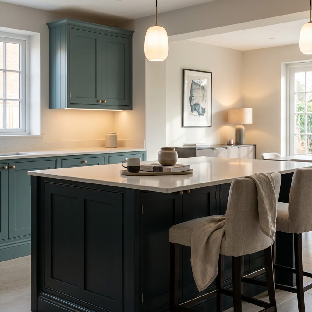 Bespoke kitchen island detail, contemporary painted lay-on cabinetry with quality joinery