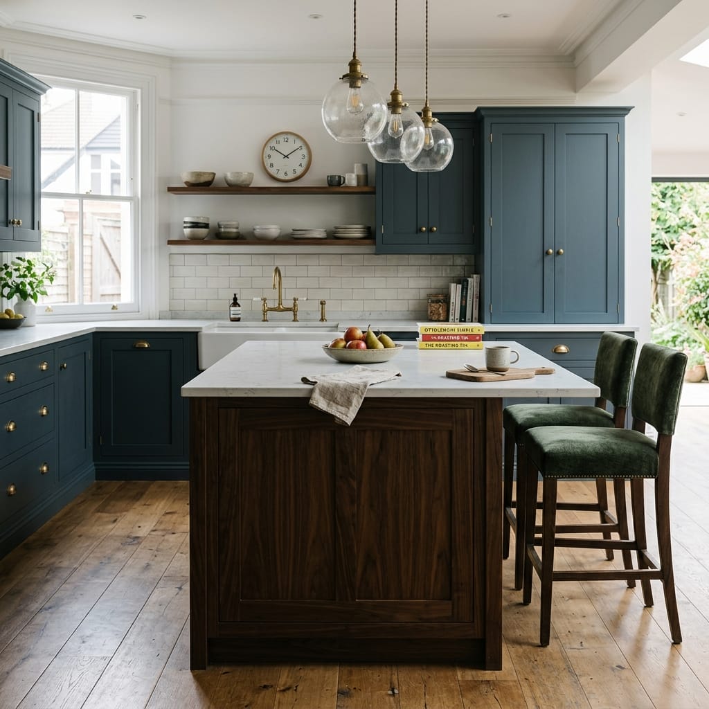 square1_800x800-41 blue cupboards, wooden island, marble worktop, green velvet stools, glass pendant lights