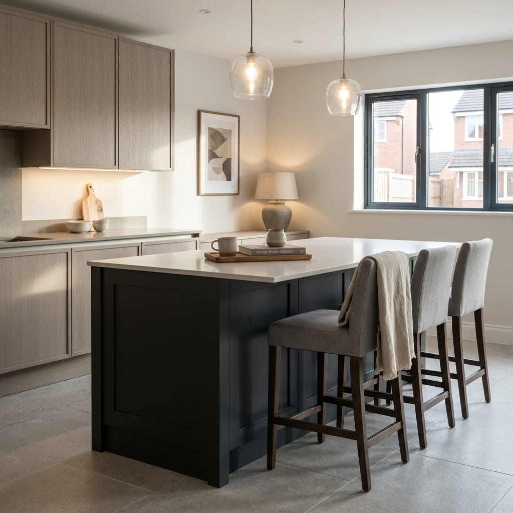 Bespoke kitchen island detail, matt painted handleless slab cabinetry with quality joinery