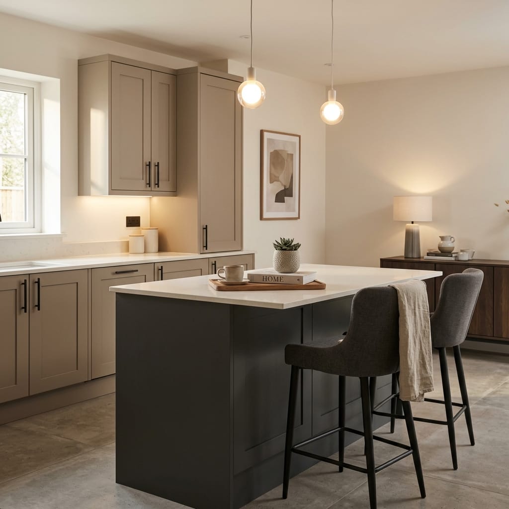 Bespoke kitchen island detail, matt painted handleless slab cabinetry with quality joinery