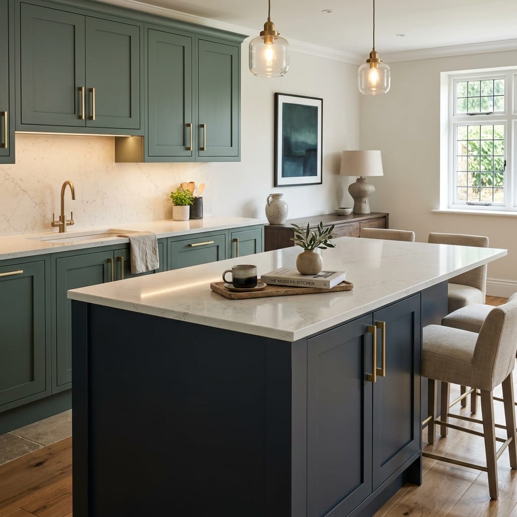 Bespoke kitchen island detail, modern shaker cabinetry with quality joinery